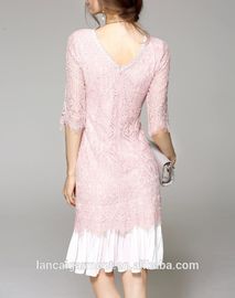 2016 Latest Design Women Pink Crocheted Lace Flounce Midi Dress