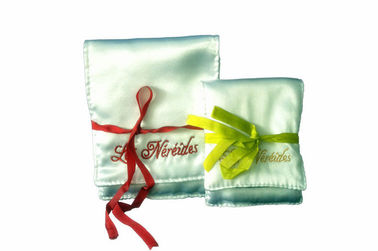 Wedding Favor Satin Drawstring Pouch , White Gift Bags With Red Ribbon
