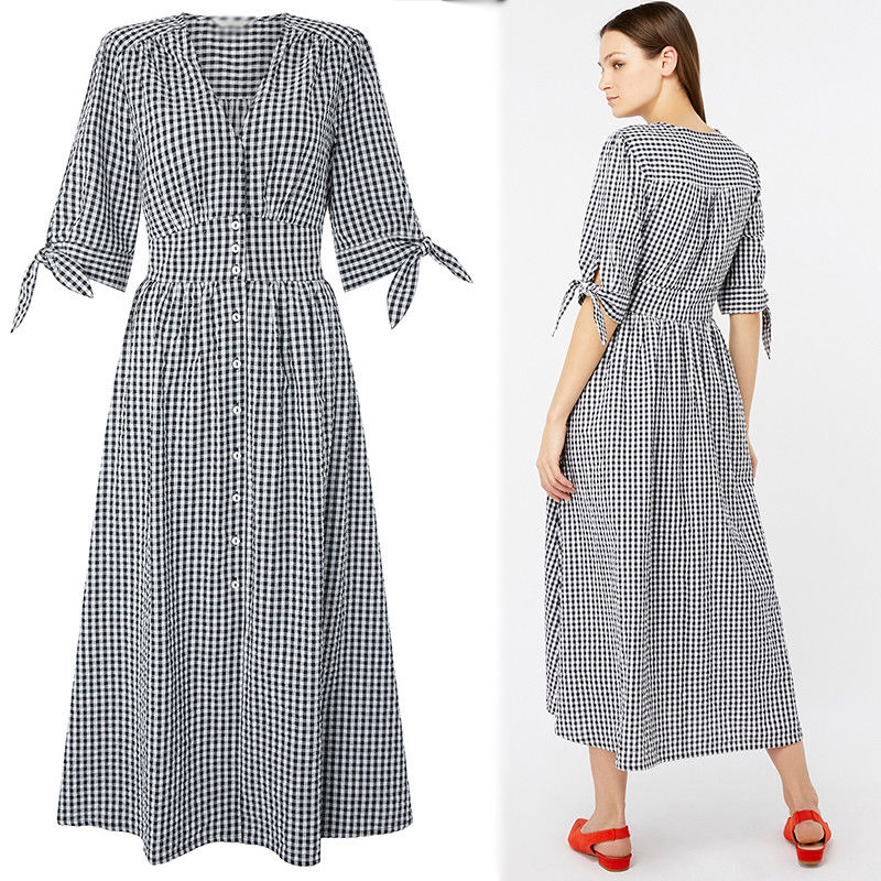 Black and White Gingham Midi Dress Summer Ladies