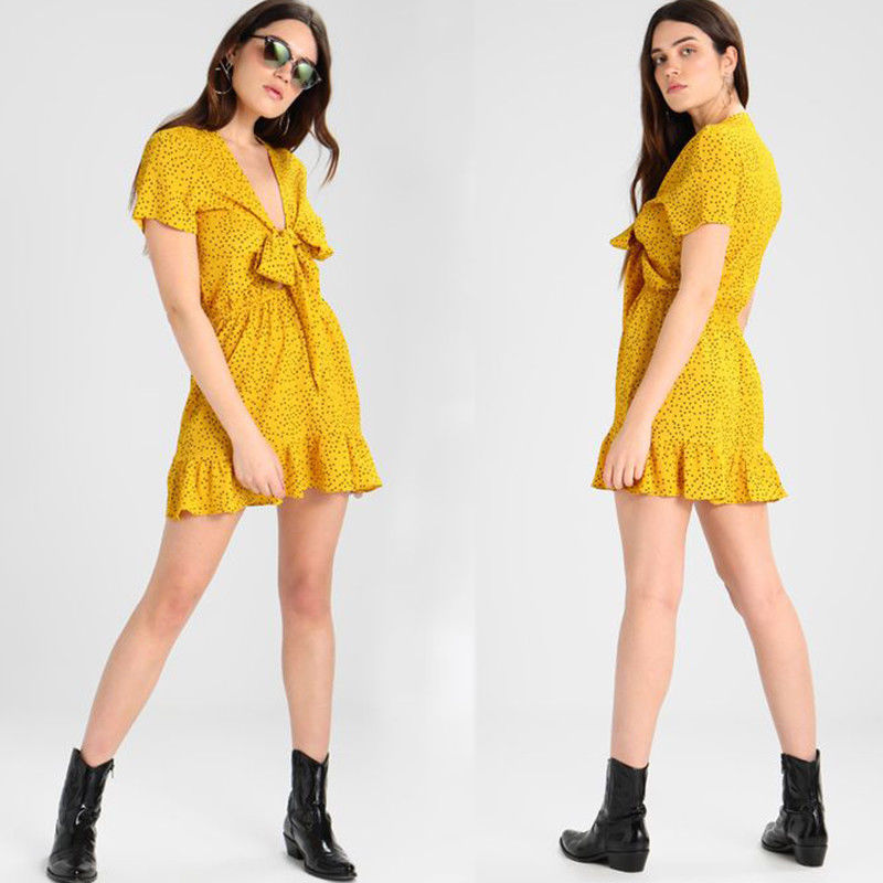 Glamorous Day Dress Bow Tie Sexy Yellow Polka Dot Dress Women